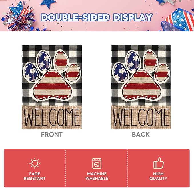 AVOIN colorlife American Flag Paw Print Patriotic 4th of July House Flag 28x40 Inch Double Sided Outside, Welcome Buffalo Plaid Yard Outdoor Decoration