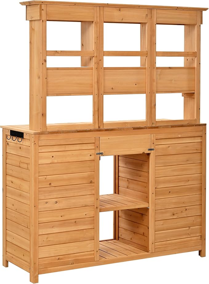RUNNA 65.7'' H Tall Garden Potting Bench Table with Hutch,Patio Storage Workstation with 3 Shelves,6 Drawers,2 Bottom Cabinets&Side Hooks for Mudroom,Doorway (Natural@024, 65.7)