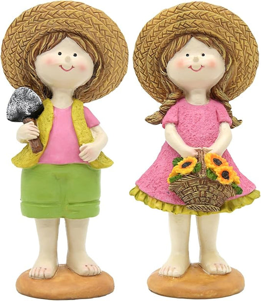 Spring Summer Garden Figurines Set of 2, Boy and Girl Outdoor Garden Statues with Sunflower Basket, Cottage Home Garden Decor for Yard Patio Lawn, for Women