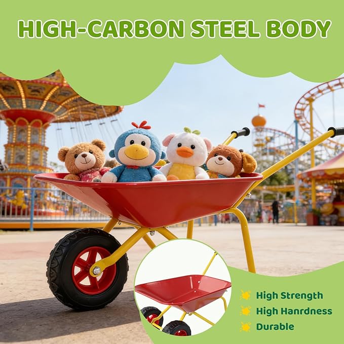 Kids Metal Wheelbarrow with Single Wheel,Children Garden Cart with Steel Tray and Non-Slip Handles, Sturdy Outdoor Yard Toy for Toddlers, Ideal for Sand, Leaves, and Soil (Red-Wheelbarrow)