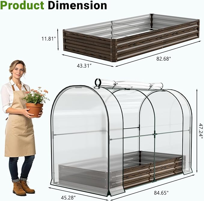 DoCred Galvanized Raised Garden Bed with PVC Cover, 84.6" x 45.3" x 47.2" Metal Planter Bottomless Box w/ Roll-Up Window, Mini Greenhouse Tent for Outdoor Growing Vegetables Flower Fruit