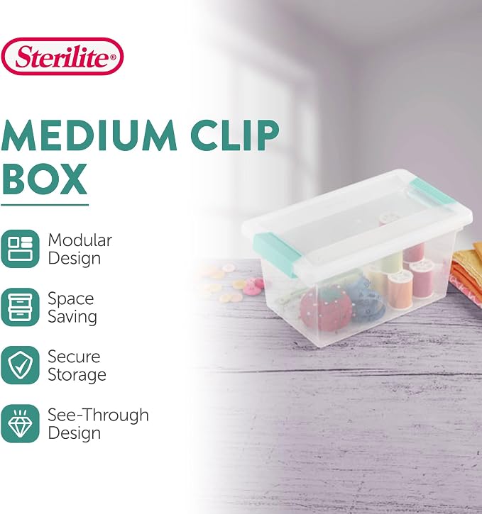 Sterilite 8-Pack Clip Box, Stackable Clear Plastic Bins with Latching Lids, Medium - Writing, Arts or Crafts Supplies Storage Containers for Home, Office, Classroom and Workshop Organization