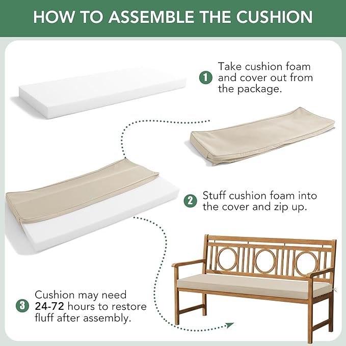 Summsun Outdoor Bench Cushion: Waterproof and Fade Resistant Patio Furniture Cushions - Non-Slip Bench Pad Cushion with Removable Cover for Garden Swing Porch Sofa Settee, 59 x 18 Inch, Beige
