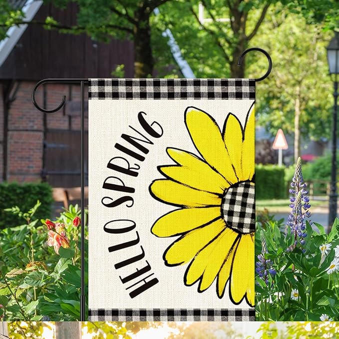Hello Spring Flags for Outside,Buffalo Plaid Daisy Garden Flag for Yard Patio Lawn Decoration,12x18 Inch Double Sided