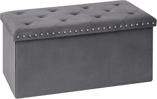 B FSOBEIIALEO Storage Ottoman Bench, 30" Velvet Ottoman with Storage, Grey | Storage Chest, Luxury Tufted Foldable Long Storage Bench for Bedroom , Living Room, Entryway, End of bed