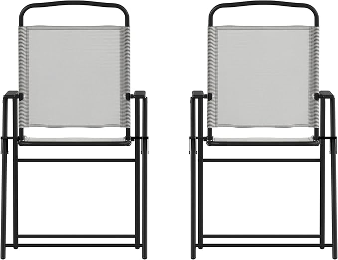 Flash Furniture Mystic Folding Patio Sling Chairs, Outdoor Textilene Lawn Chairs with Armrests, Set of 2, Gray