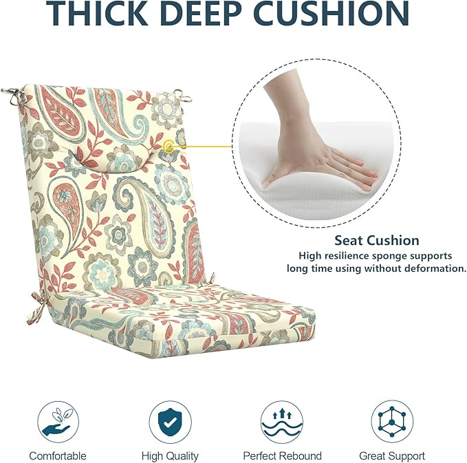 DYTXIII Outdoor High Back Chair Cushions Set of 2, 44x20 in Water Repellent Patio Seat Cushions with Elastic Sponge, All Weather Cushions for Rocking, Dining Chairs, Patio Furniture - Paisley Vintage