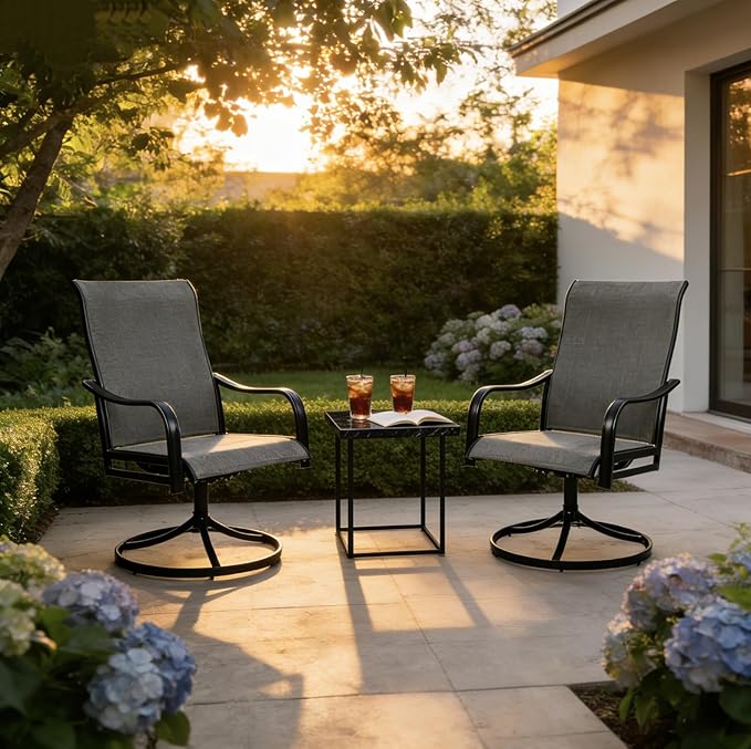 Kozyard Patio Swivel Dining Chairs Set of 2, 360 Swivel Rock Chairs Textilene High Back and Wrought Iron Frame for Poolside Backyard Deck Lawn Garden (Gray, Swivel)