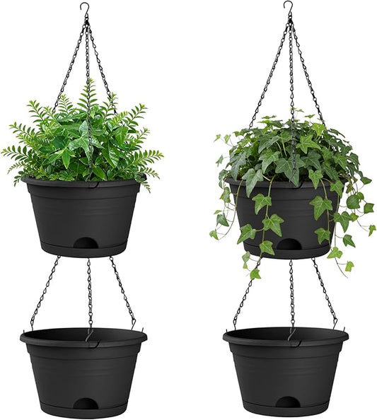 Nooulap 4 Pack Hanging Planters, 10 Inch Hanging Plant Pot with Hanger Chain & Drainage Trays, Hanging Baskets for Plants Outdoor Indoor, Flowers Pots for Home, Garden, Porch Decor (Black)