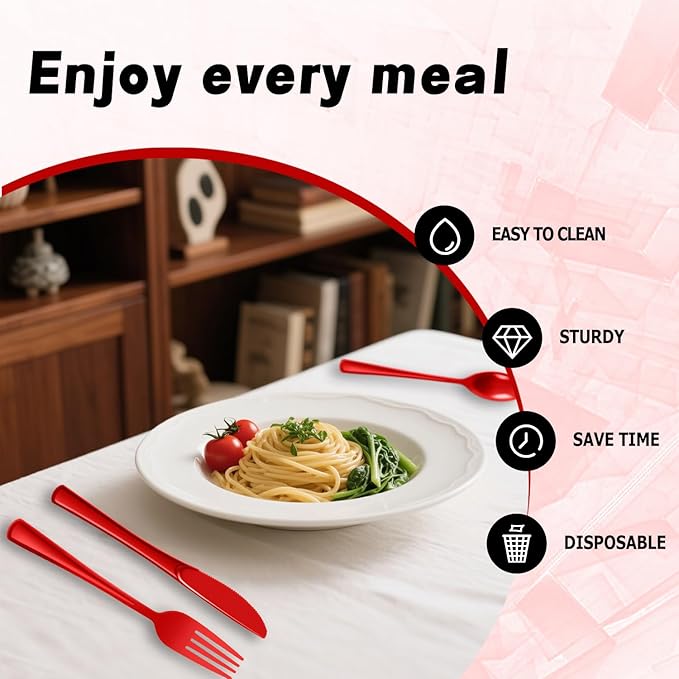 Plastic Silverware 300 PCS Disposable Silverware Heavy Duty Utensil Sets 100 Of Each Forks Knives & Spoons Disposable Cutlery Set For Easter,Birthday,Baby Shower,Garden Party,Wedding(300,Red)