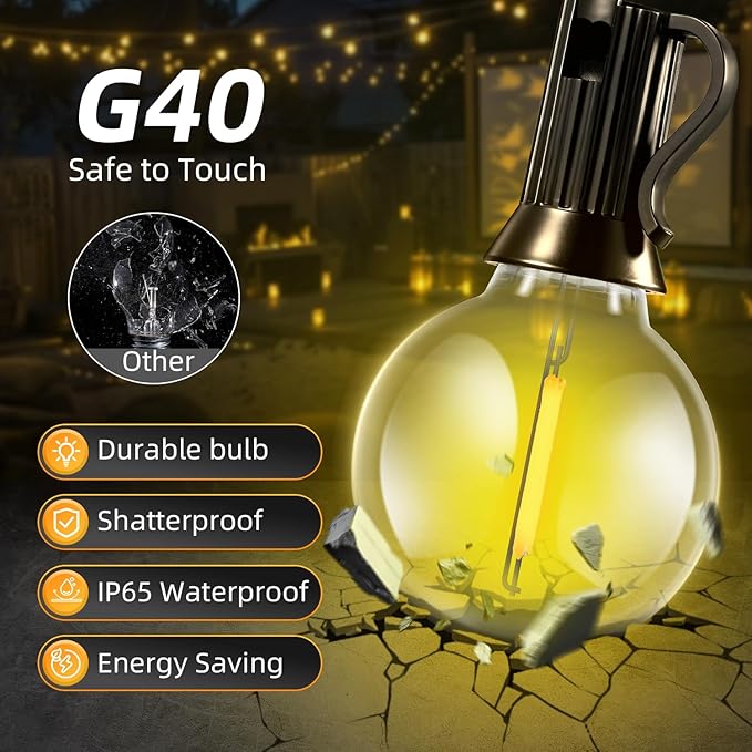 150FT Solar Lights Outdoor Waterproof: G40 45M Shatterproof Bulbs Patio Lights - Solar Powered Remote Control 3 Light Modes Dimmable Solar Light - Camping Backyard Garden Deck Outside Yard