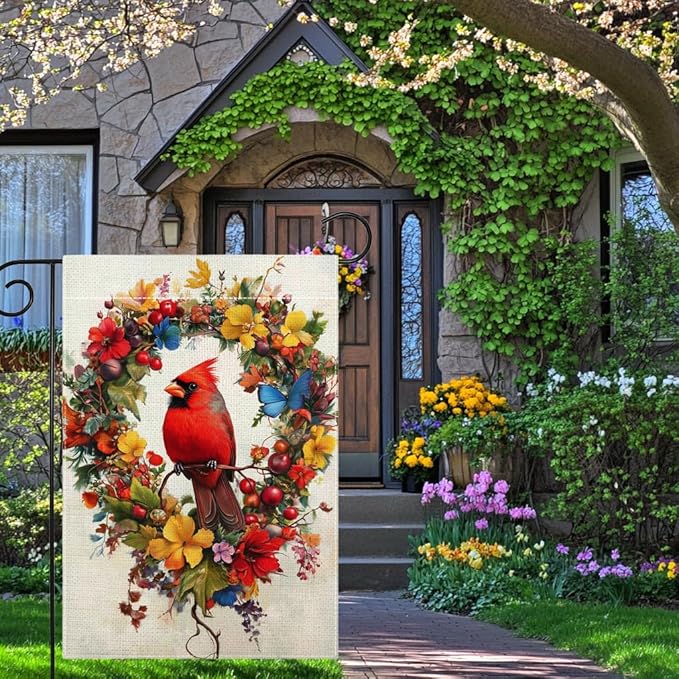 Red Bird Butterfly Flowers Garden Flag 12x18 Inch Double Sided Spring Summer Cardinal Colorful Floral Love Hearts Yard Outdoor Flag House Holiday Outside Decoration