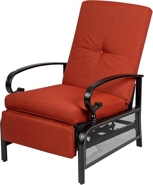 Oakcloud Adjustable Outdoor Lounge Chair Metal Patio Relaxing Recliner Chair with Removable Cushions(Red)