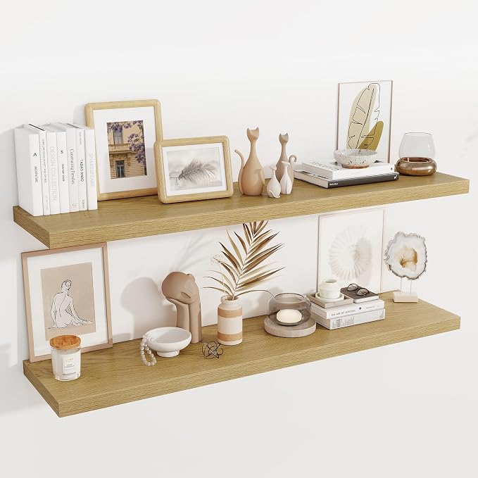 Fun Memories 12 Deep Floating Shelves for Wall, 55W x 12D Extra Large Floating Shelves Set of 2, Hanging Wood Wall Shelves for Living Room, Kitchen, Bedroom, Farmhouse, Laundry Room, Office - Oak