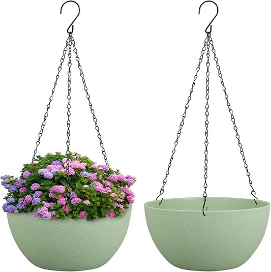 Meowell 10 inch Hanging Planters Plant Pots for Indoor Outdoor Plants, 2 Pack Hanging Flower Pots with Drainage Holes and Chain for Garden Porch, Plastic Hanging Baskets for House Plants, Green