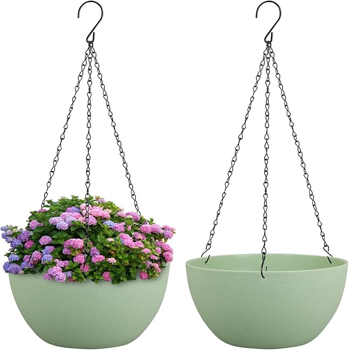 Meowell 8 inch Small Hanging Planters Plant Pots for Indoor Outdoor Plants, 2 Pack Hanging Flower Pots with Drainage Holes and Chain for Garden Porch, Plastic Hanging Baskets for House Plants, Green