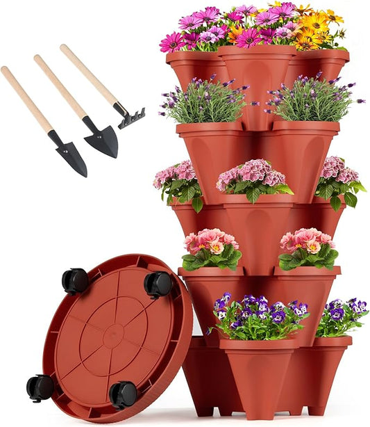 GameXcel Vertical Planter Tower - 5 Tier Stackable Garden Planters with Wheels and Tools Plant Pots for Strawberry Herb Flower and Vegetable Indoor Outdoor Use Red