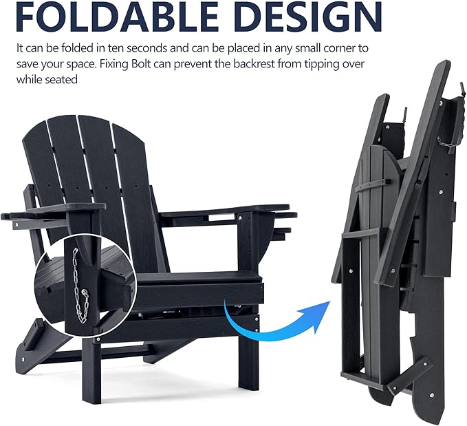 Folding Adirondack Chair, HDPE Outdoor Texture Lawn Chair with Reclining Back, Cup and Phone Holder - Comfortable Firepit Chair Weather Resistant for Patio or Backyard (Dark Black, Set of 4)