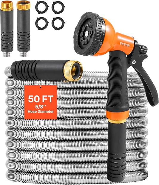 VEVOR Garden Hose Metal 50FT – Heavy Duty Stainless Steel Water Hose, Flexible, No Kink & Tangle, Puncture Resistant & Rust Proof, Lightweight w/ 10-Function Spray Nozzle for Yard, Outdoor, Gardening