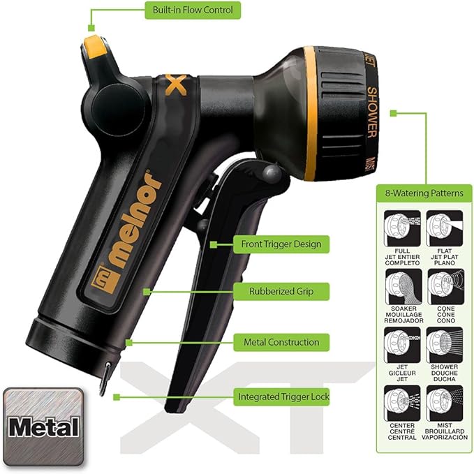 Melnor XT Metal Garden Hose Nozzle; Front Trigger with Flow Control; 8 Watering Patterns; 100% Metal Body with Fully Rubberized Slip Resistant Grip