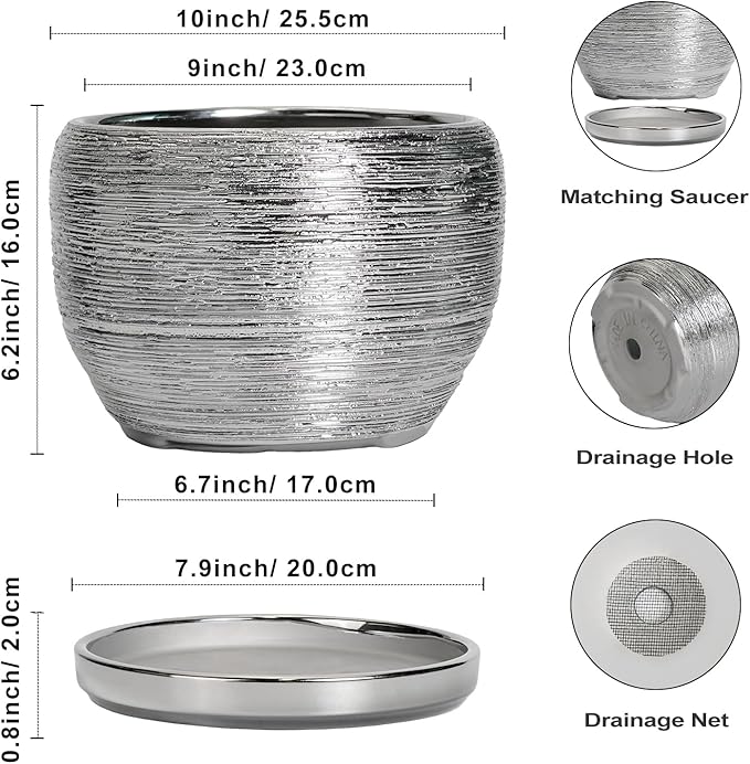 SQOWL Ceramic Pot for Plants - 10 Inch Planter Indoor, Round Large Planter Outdoor with Drainage Hole and Plant Saucer, Decorative Ceramic Flower Pot, Kitchen Decor, Housewarming Gifts, Silver