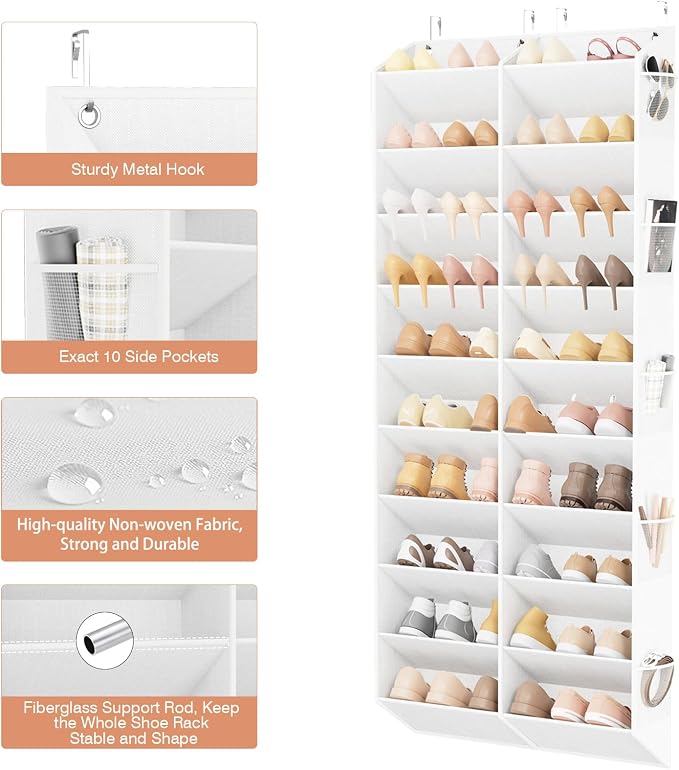 LANTEFUL Over the Door Shoe Organizer, Hanging Shoe Rack for Closet Door Shoe Storage for 30 Pairs Sneaker and Boots, Large Shoe Holder for Door with 10 Side Pockets, Space Saving, White
