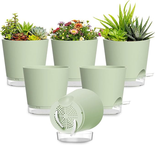 Plant Pots 5 Inch Self Watering Pots,6 Pack Plastic Planters with Drainage Holes and Clear Saucers,Plastic Flower Pots,Nursery Planting Pot for Indoor Out Door Plants (Green)