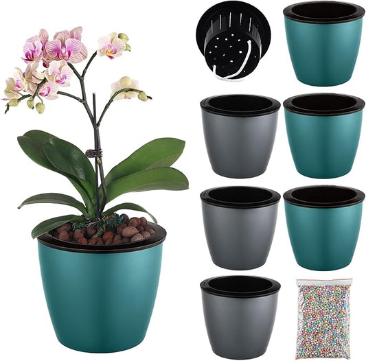 Planterhoma 6.7 Inch Self Watering Pots for Indoor Plants, 6 Packs African Violet Pots, Black Wick Pot with Drainage Holes, Self Watering Planters for Orchid, Devil's Ivy, Silver/Blue Gold