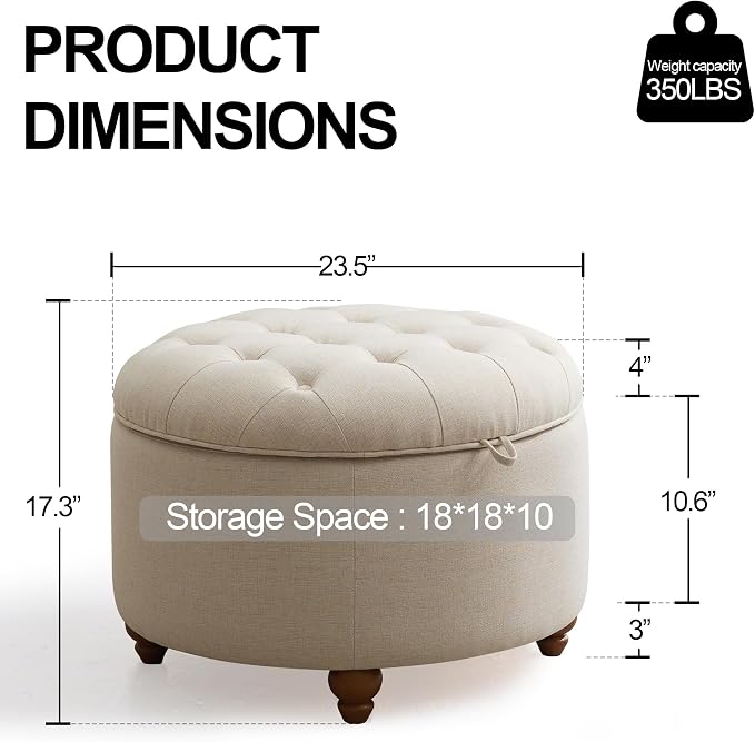 24'' Round Ottoman Coffee Table with Storage, Upholstered Tufted Ottoman with Flip Tray, Solid Wood Legs for Living Room, Bedroom, Khaki