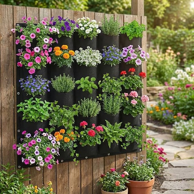 WFIST Vertical Hanging Planter Bag, Breathable Felt Wall Garden Planter with Metal Grommets, Indoor/Outdoor Space-Saving Herb & Flower Growing Pouch (25-Pocket)