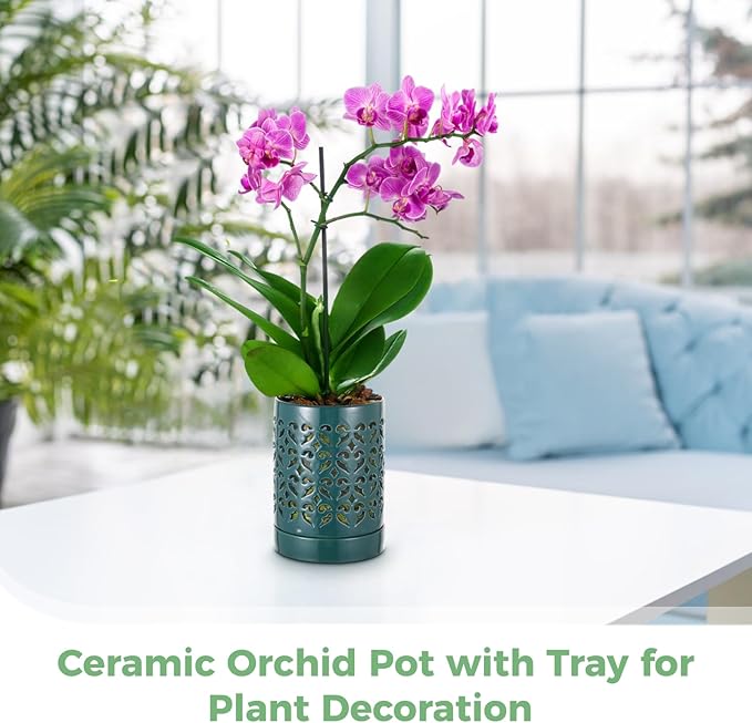 Ceramic Orchid Planter with Holes Orchid Pots with Tray for Home Plant Decoration, Quality Ceramic Material Breathable Design Ideal for Indoor and Outdoor Use