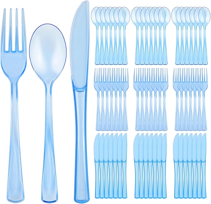 75 PCS Plastic Silverware Disposable Silverware Heavy Duty Utensil Sets 25 Of Each Forks Knives & Spoons Disposable Cutlery Set For Easter,Birthday,Baby Shower,Garden Party,Wedding(75,Light Blue)