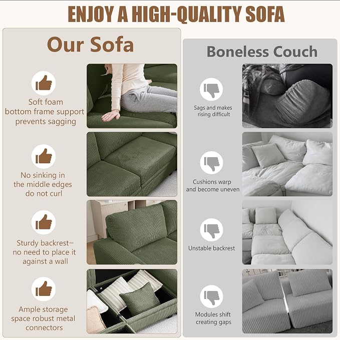 127" Modular Sectional Couch with Storage, Corduroy 7-Seater V Shaped Sofa with Ottoman Chaise, Removable Sofa Cover, Cloud Modular Sofas for Living Room, Apartment