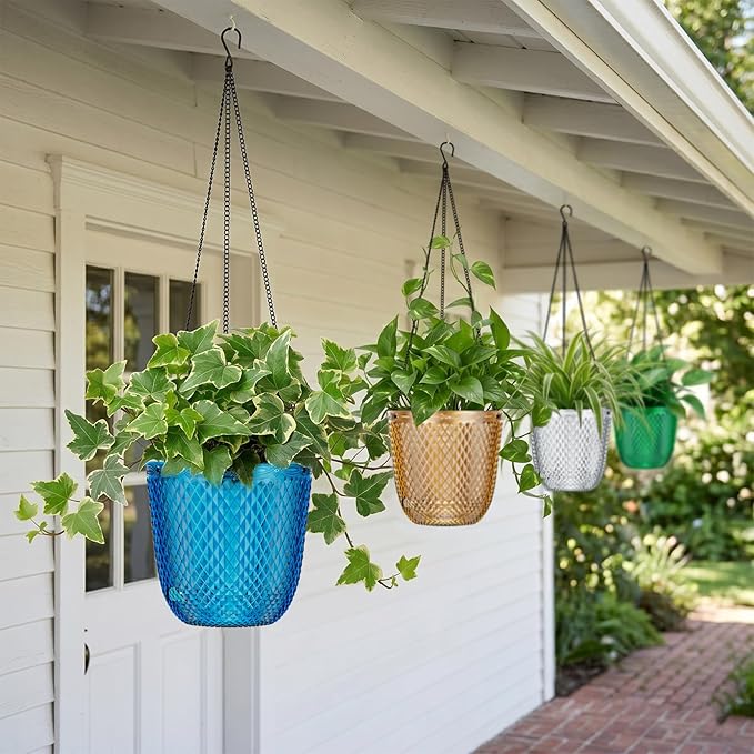 QCQHDU Self Watering Hanging Pots, 2-Pack 7.2 Inch Hanging Planters for Indoor Plants, Plastic Plant Hanger with Drainage Holes and 3 Hooks Chains for Garden Home (Klein Blue)
