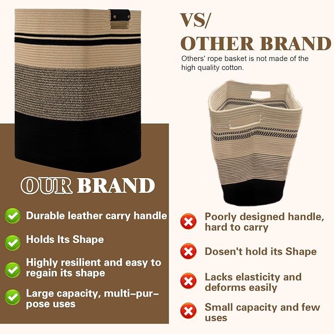 Laundry Hamper, 105L Tall Laundry Basket with Leather Handles, Rectangle Large Clothes Hamper for Organizing, Cotton Woven Laundry Baskets Storage Hampers for Bedroom, Nursery, Living Room