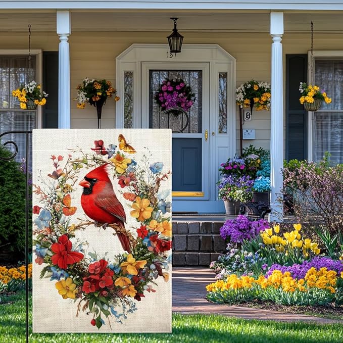 Red Bird Butterfly Flowers Garden Flag 12x18 Inch Double Sided Spring Summer Cardinal Colorful Floral Yard Outdoor Flag House Holiday Outside Decoration