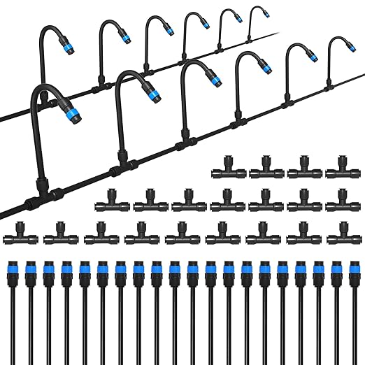 MIXC 20pcs 360° Adjustable Drip Irrigation Vortex Emitters for 1/4" Drip Irrigation Tubing, Only 20pcs Push-to-Connect Drip Emitters and Quick-Connect Three-Way Tubing Fittings