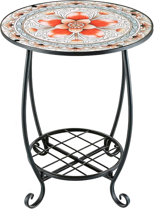 Arbuxzuy 12 Inch Small Outdoor Side Table with Colorful Flowers, Glass Mosaic Patio Table Indoor, Round Plant Coffee Table for Living Room, Balcony, Garden（Pink Flowers Style）