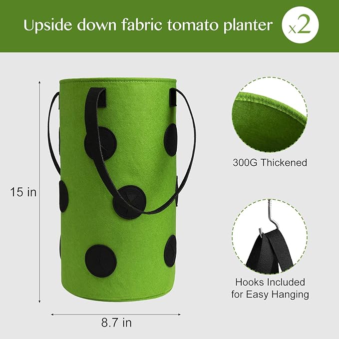 Homyhoo 2 Pack Black and Green Upside Down Tomato & Herb Planter, Hanging Durable Aeration Fabric Strawberry Planter Bags