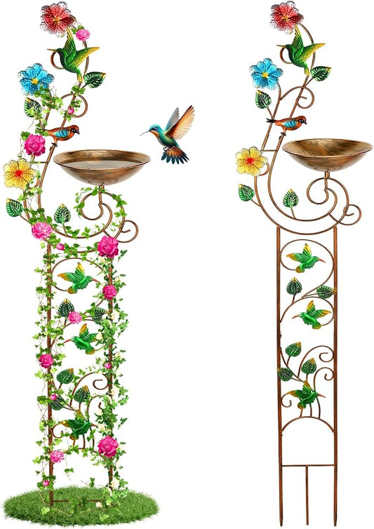 YADOOLIFE 57” Bird Bath with Garden Trellis for Climbing Plants Outdoor, Small Decorative Trellises Metal Birdbath Bird Baths, 1 Piece (Hummingbird)