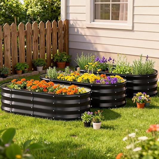 COMHOMA 3 Pack Raised Garden Bed 4x2x1ft,Galvanized Metal Planter Box Kit for Outdoor Gardening,Large Vegetable Flower Growing Beds with Gloves Tools,Black