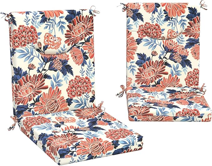 DYTXIII Outdoor High Back Chair Cushions Set of 2, 44x20 in Water Repellent Patio Seat Cushions with Elastic Sponge, All Weather Cushions for Rocking, Dining Chairs, Patio Furniture - Ruby Flower