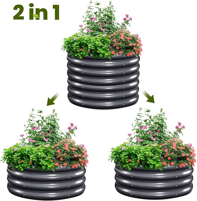 KING BIRD Raised Garden Bed Galvanized Round Planter Box Outdoor for Gardening, Plants, Vegetables, Flowers, Silver, 24x24x12 in, 4 Packs