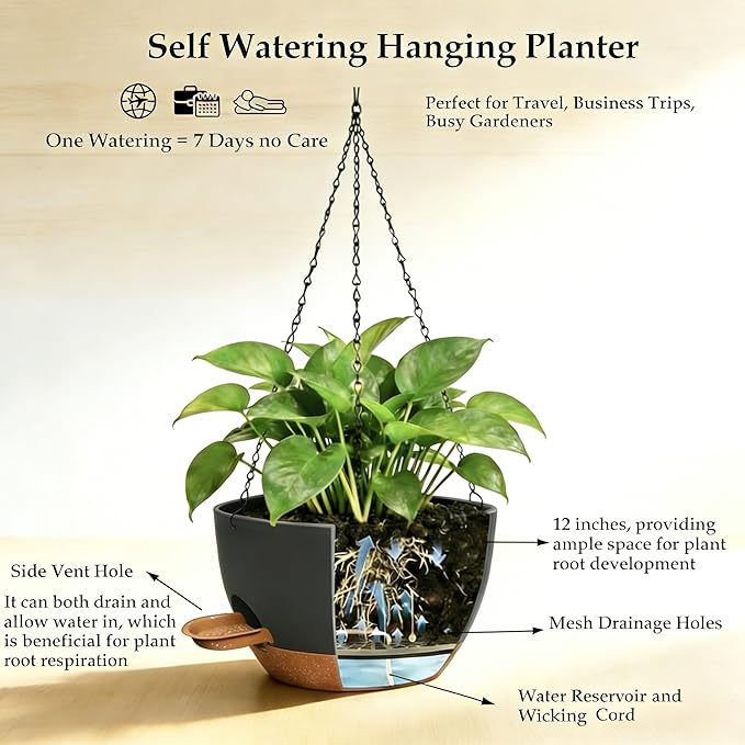 12 Inch Self Watering Hanging Planters 2 Pack, Indoor Outdoor Hanging Pots for Plants with Drainage Holes & Saucers, Black Brown Plastic Hanging Baskets for Kitchen Balcony Garden