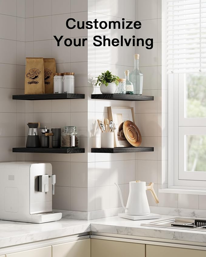 Amada Paulownia Wood Floating Shelves for Wall, Set of 4, Black | Wall Shelves with Solid Metal Concealed Brackets, 22 lbs Capacity per Shelf, Includes Drilling Template, Flexible 4-Piece Set