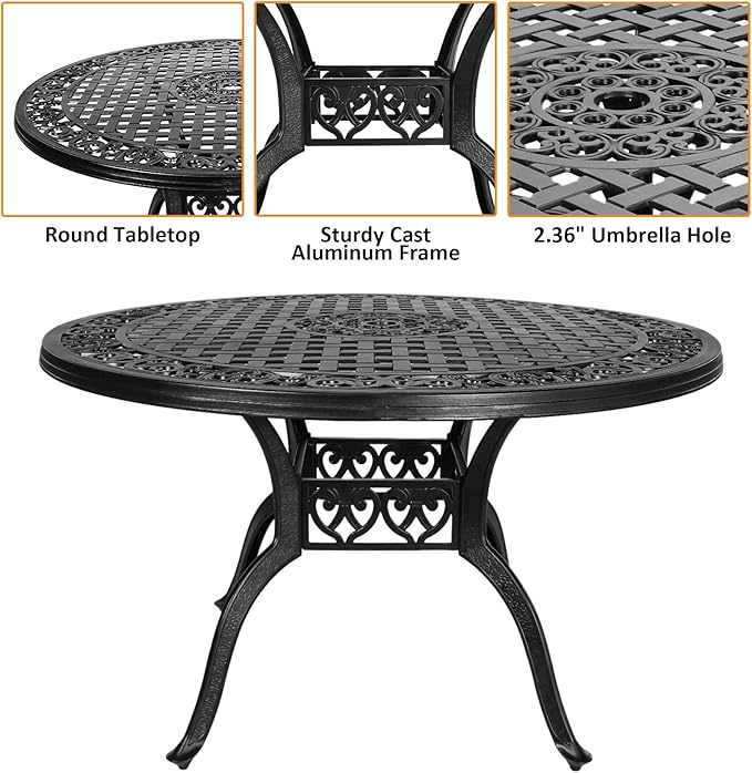 48.23" Patio Dinning Table, All-Weather Cast Aluminum Table with 2.36" Umbrella Hole, Patio Furniture, Outdoor Dining Table for Backyard and Poolside
