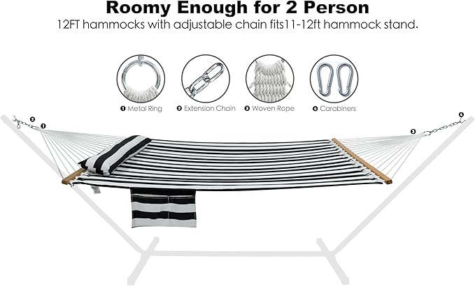 GAFETE Hammock 2 Person Quilted Fabric Hammocks for Outside, Double 12ft Hammocks with Spreader Bar, Large Removable Pillow, Storage Bag, Carabiners, Max 475 lbs Capacity (Black White)
