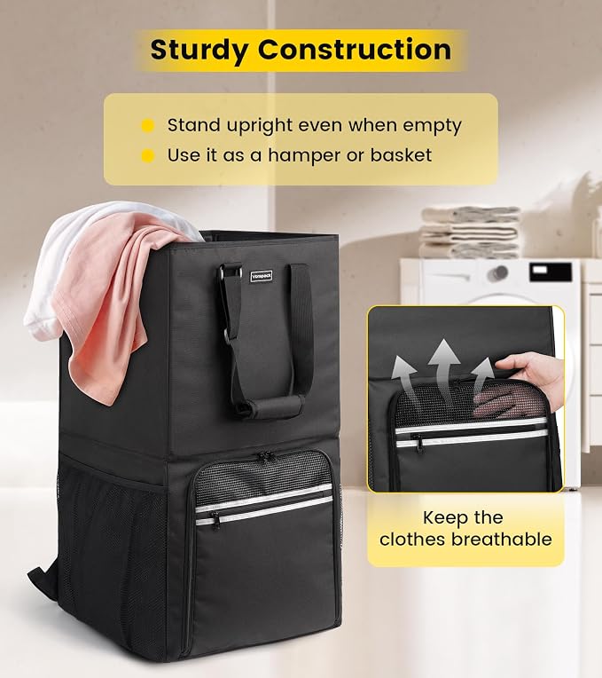 Vorspack Laundry Backpack Bag with Shoulder Straps, XX-Large Hamper, Black | Heavy Duty 2 in 1 Laundry Basket, Structured Square Base, Portable Hamper for College Dorm Camp Laundromat Apartment Travel