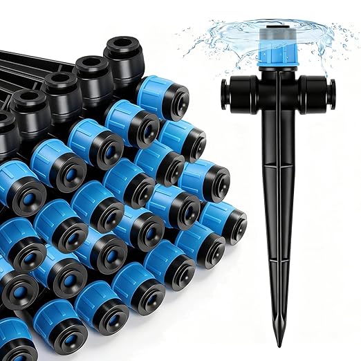 20 Pack Two-Way Quick Connect Drip Emitters Fan Shape with Stake for 1/4" Irrigation Tubing, Adjustable 360 Degree Water Flow Irrigation Vortex Sprayer for Garden Watering System