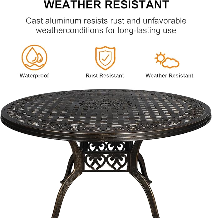 48" Cast Aluminum Outdoor Dining Table,Dining Conversation Side Table, Patio Bistro Table with 2.36" Umbrella Hole for Backyard, Garden, Patio, Porch
